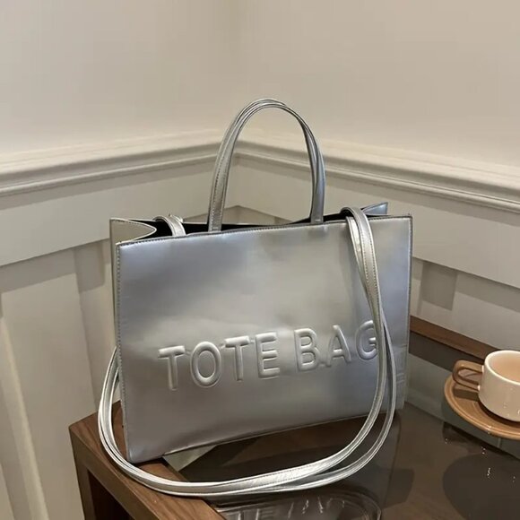 Stylish Silver Embossed TOTE BAG Handbag - Vegan Leather Shoulder Bag for Women - Picture 4 of 7